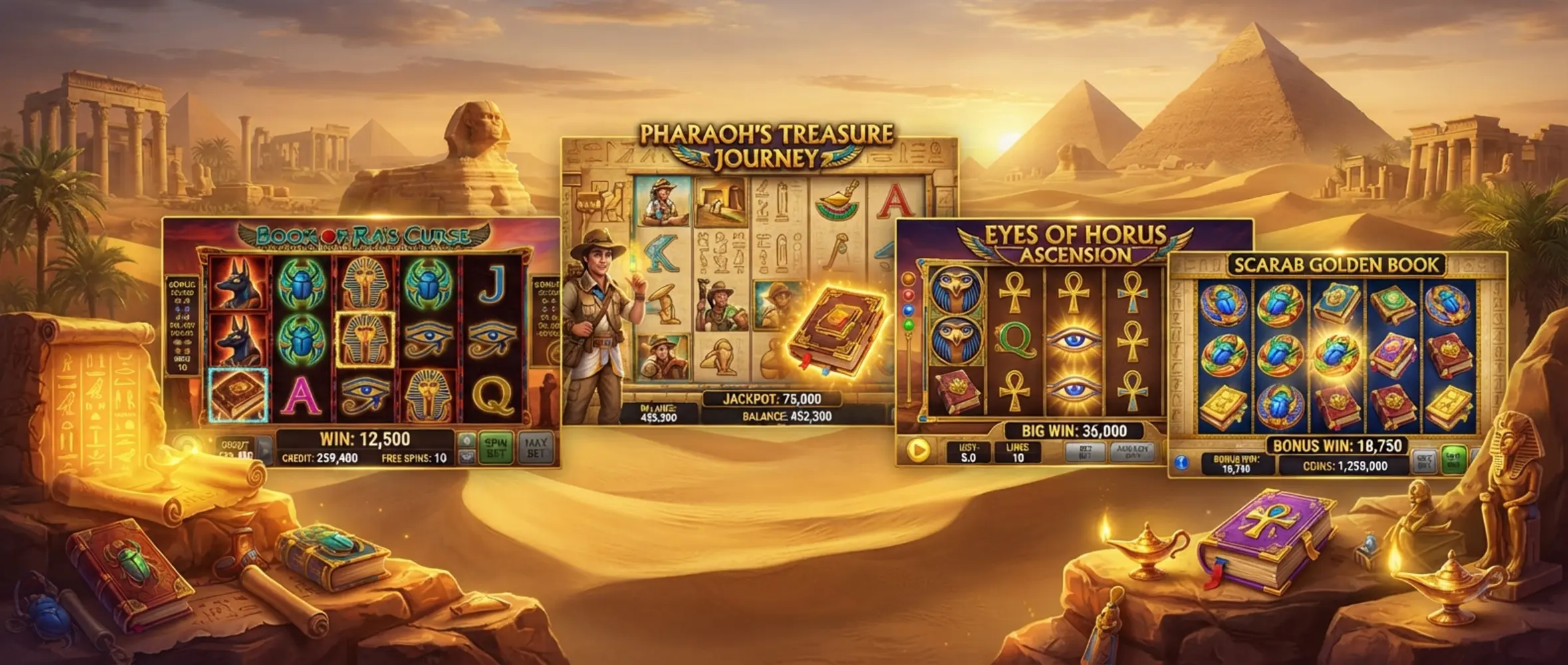 Podobne sloty do Book of Ra Magic Kolaż slotów w klimacie Egiptu i ksiąg skarbów