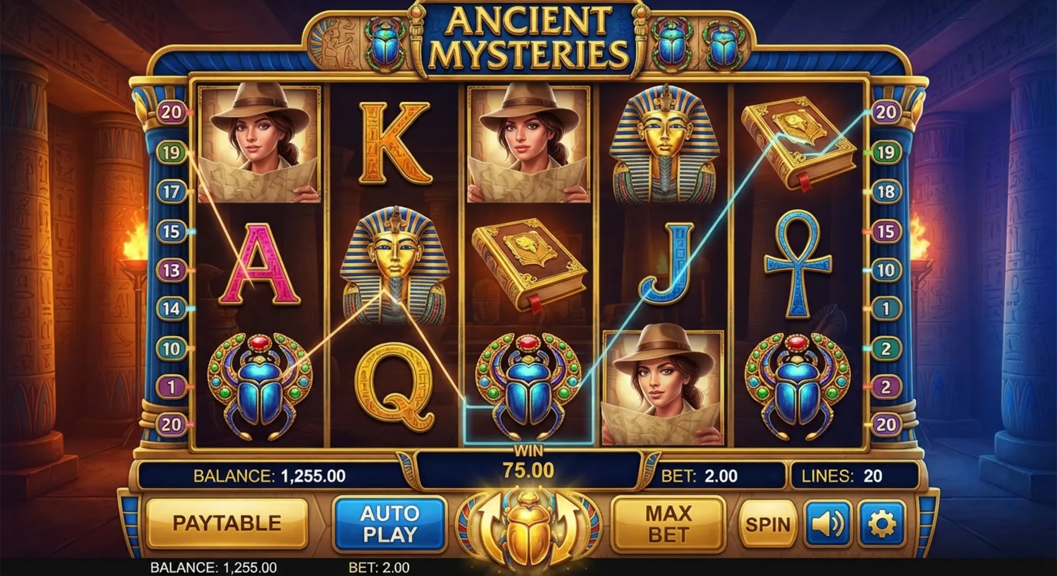Ekran automatu Book of Ra Deluxe z egipskimi symbolami
