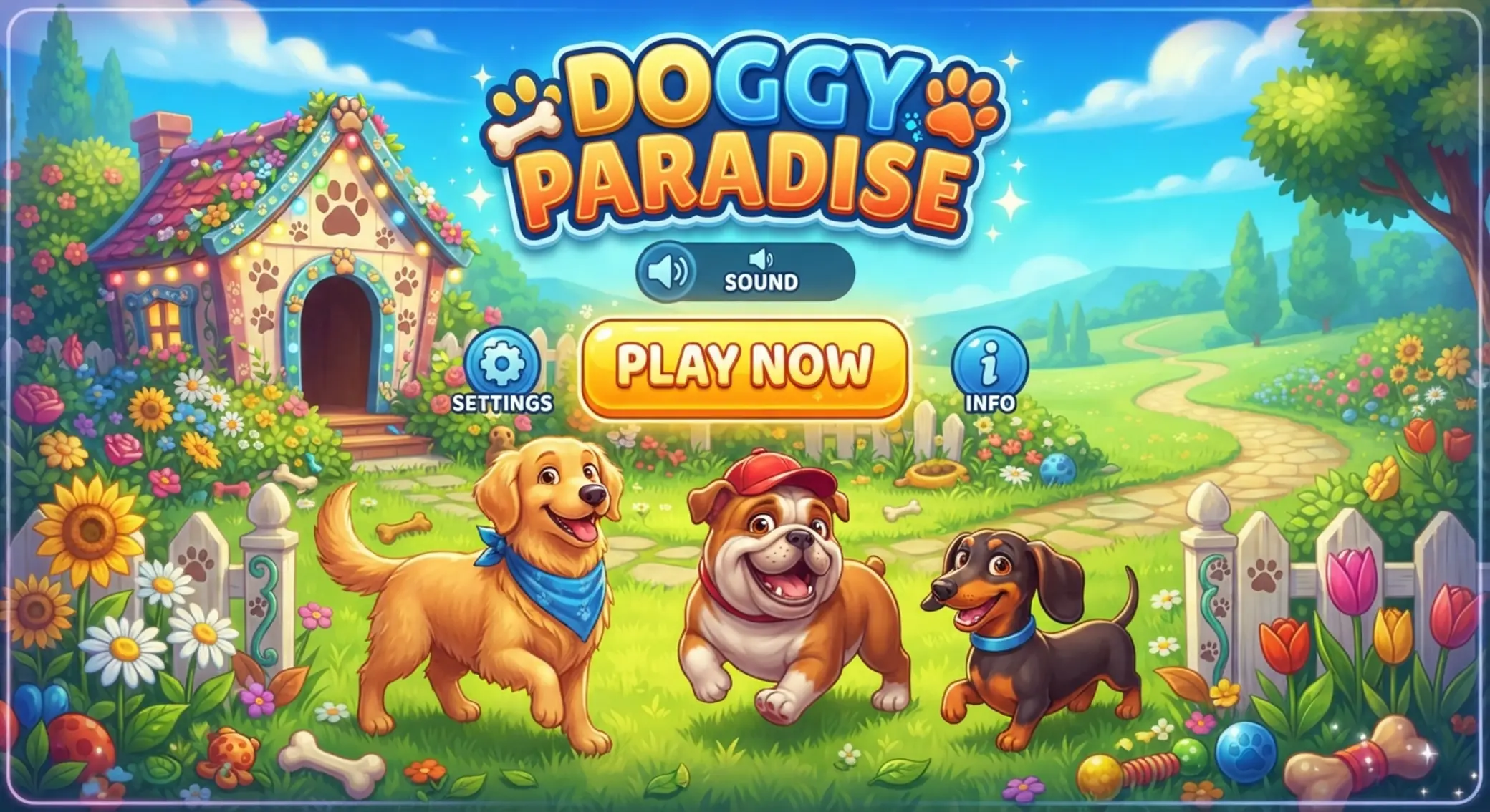 Ekran startowy The Dog House z kolorowym domkiem i psami