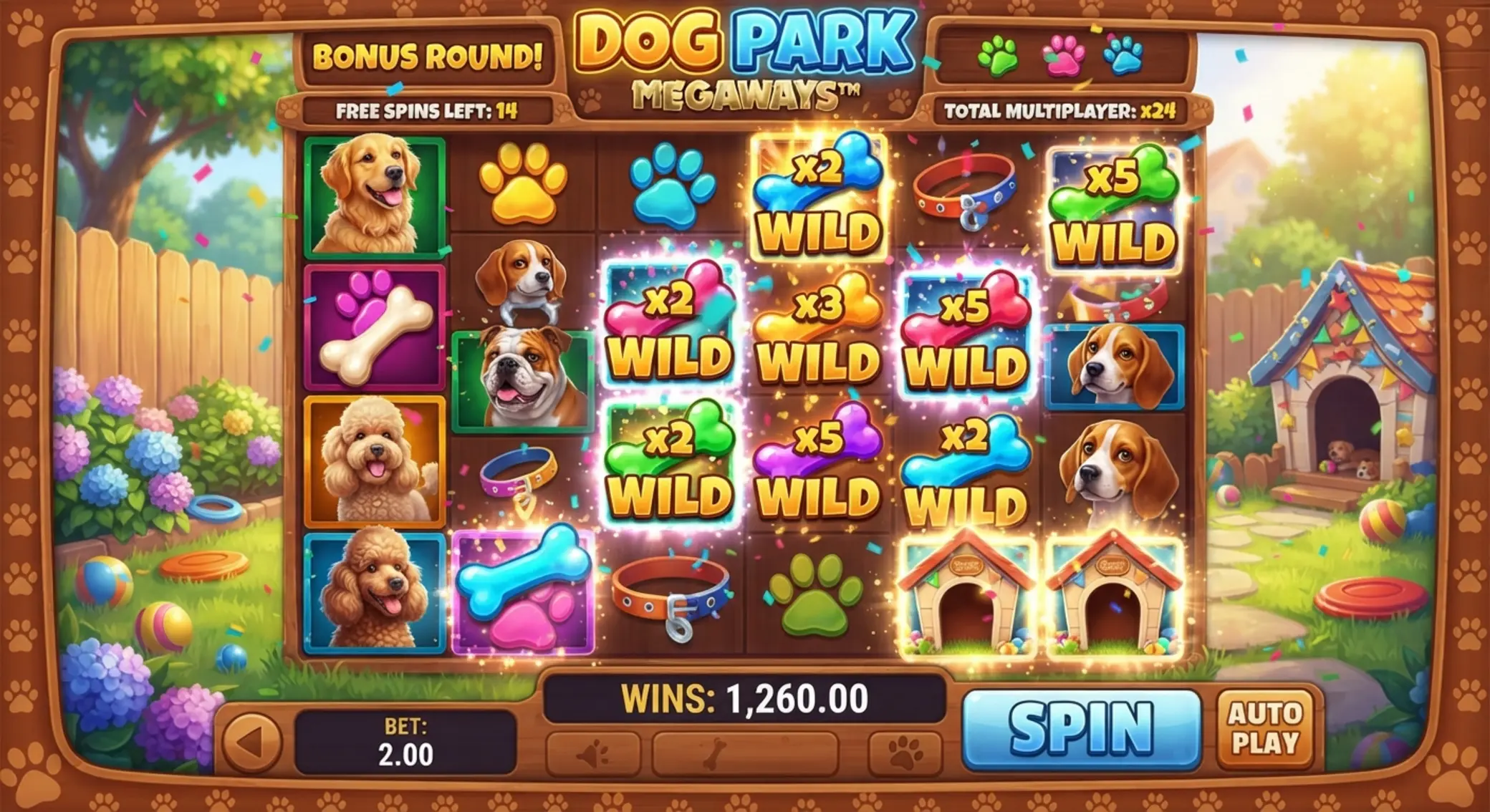 Sticky Wilds i Raining Wilds w Dog House Megaways Runda free spins w Dog House Megaways z Wildami i mnożnikami