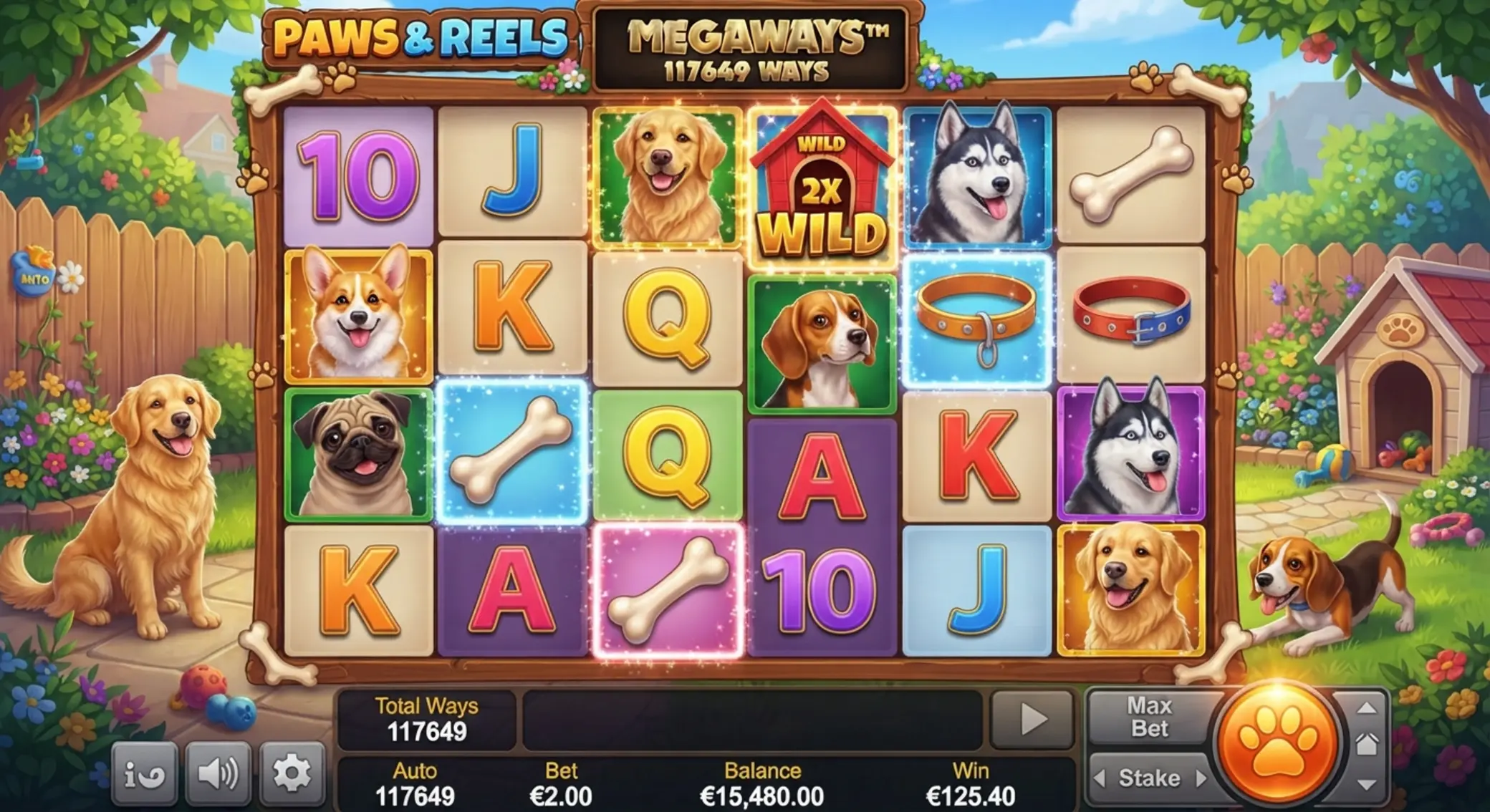 Ekran gry The Dog House Megaways Ekran gry The Dog House Megaways z bębnami i psią budą