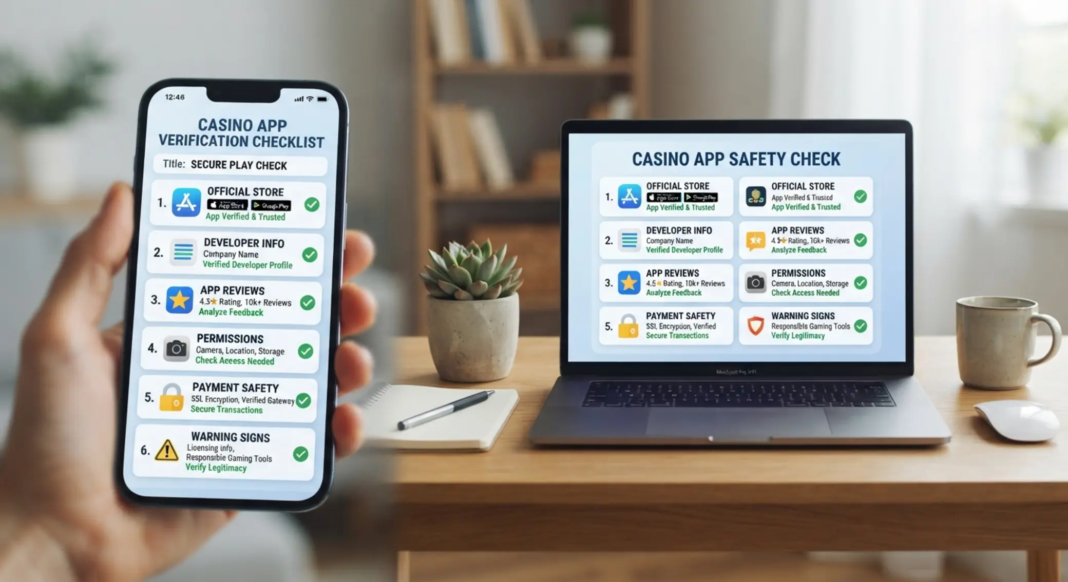 Checklista weryfikacji aplikacji kasynowej na ekranie telefonu i laptopa