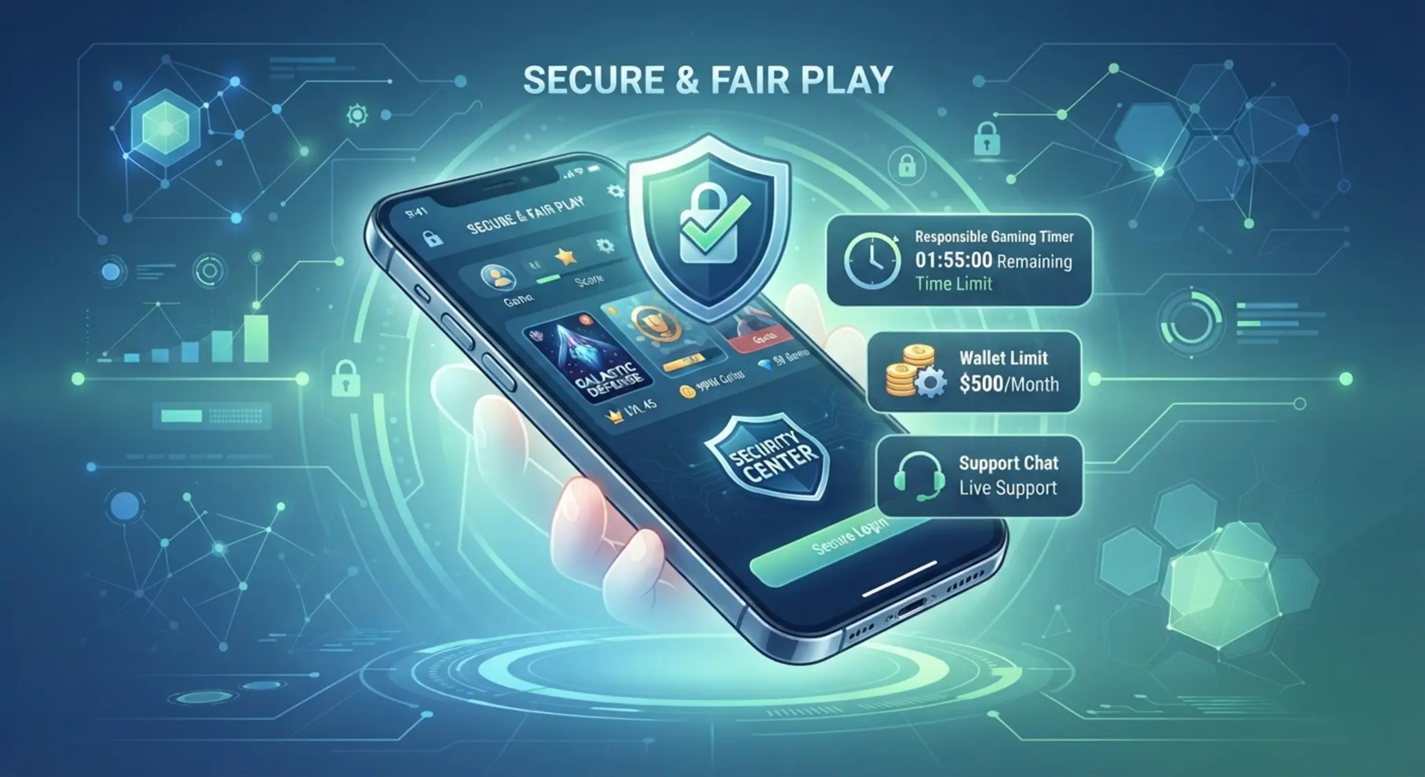 Smartfon z ikoną bezpieczeństwa i wsparcia w aplikacji kasyno