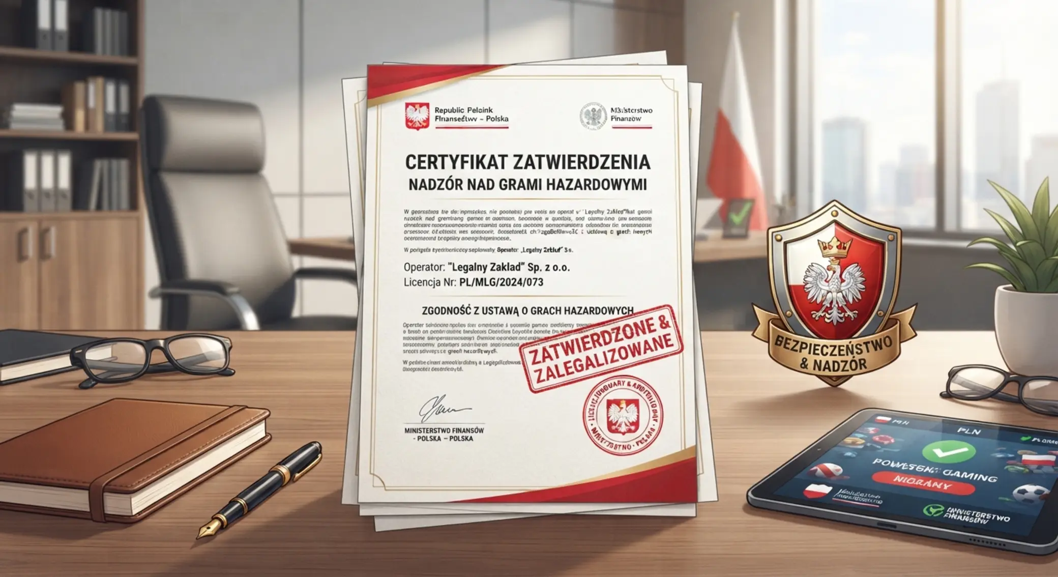 Ilustracja legalności kasyna online z dokumentem i pieczęcią