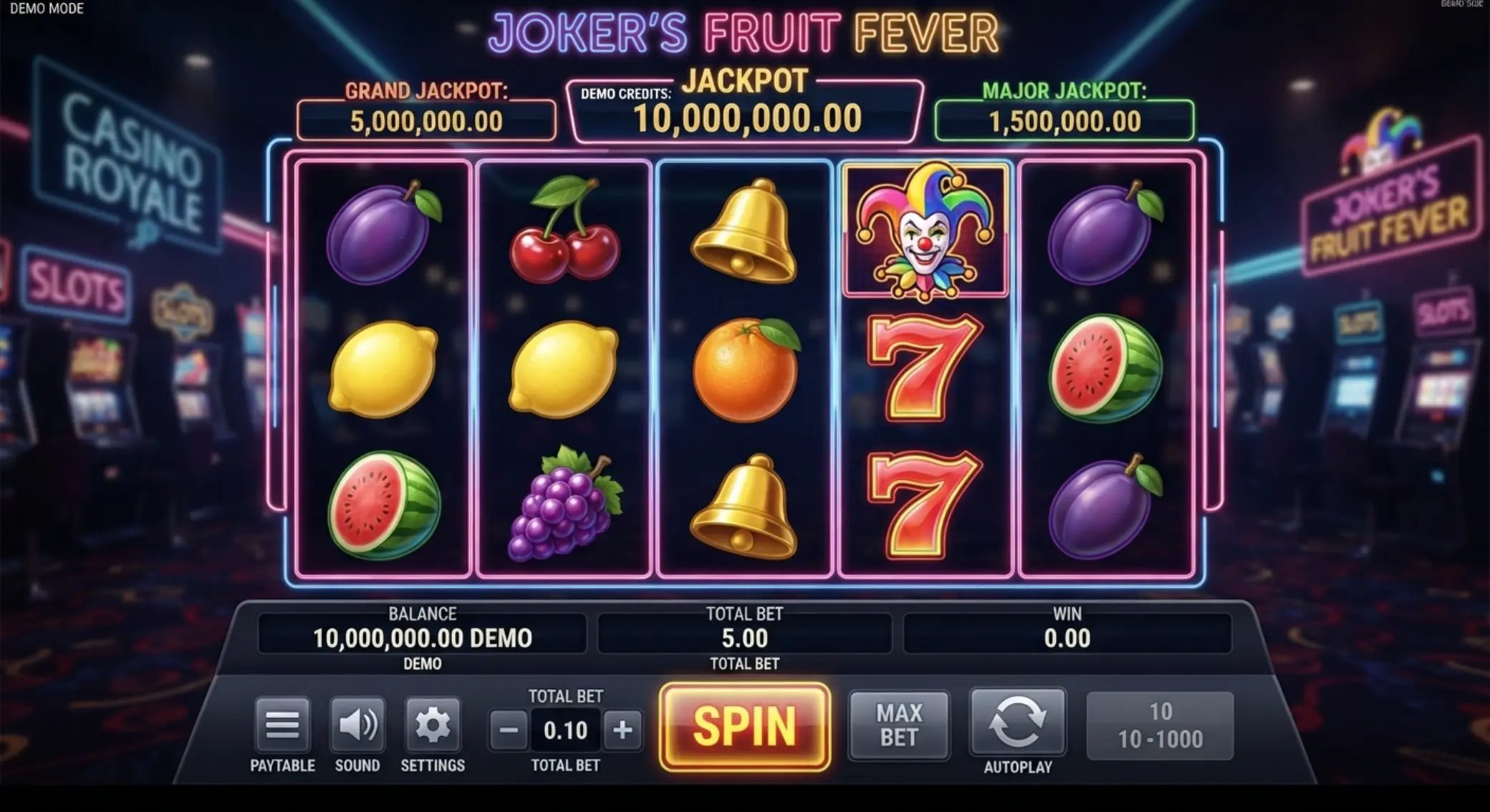 Interfejs Mega Joker demo z bębnami i panelem stawek