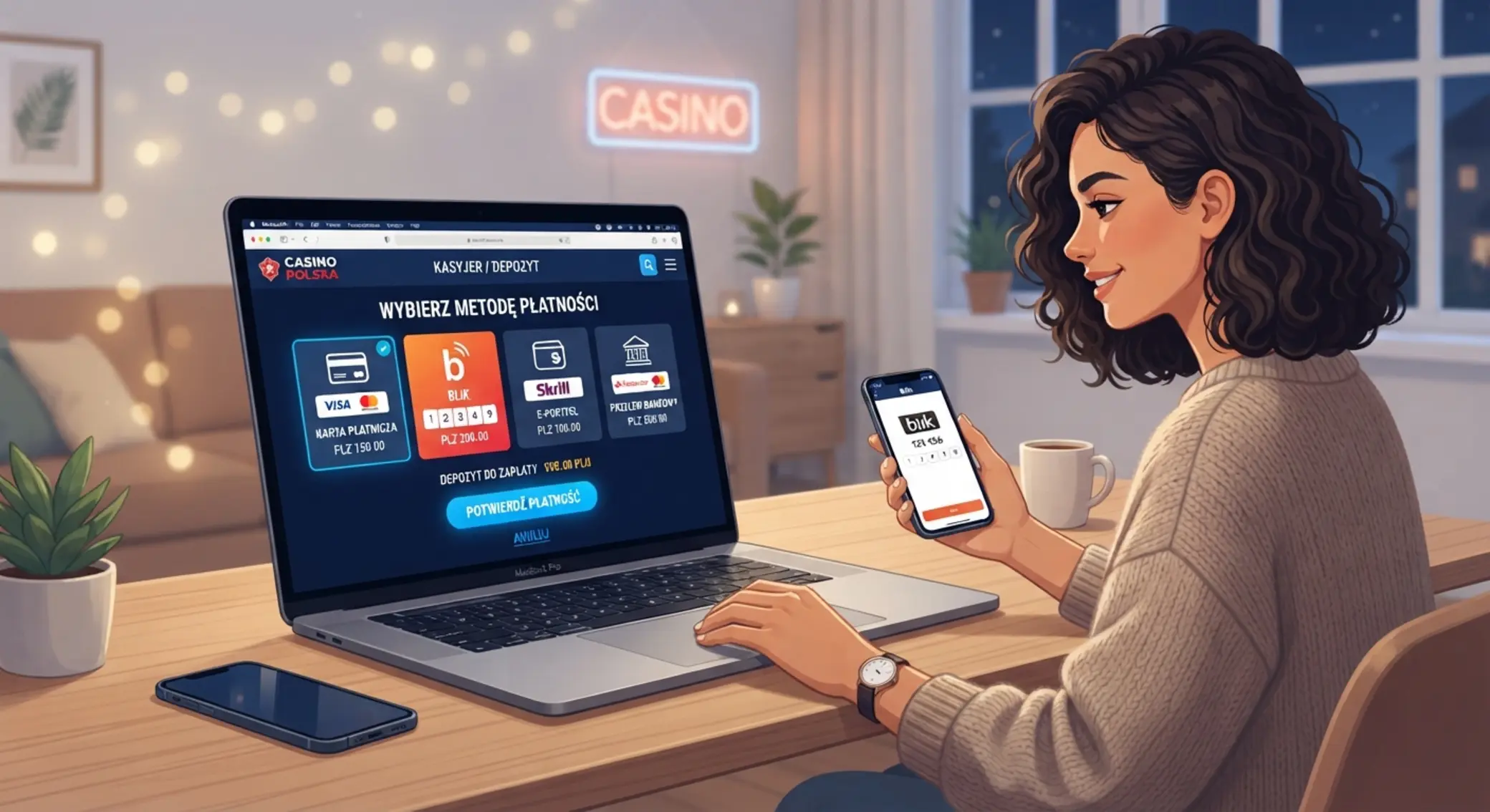 Gracz wybiera metodę płatności na ekranie kasyna online