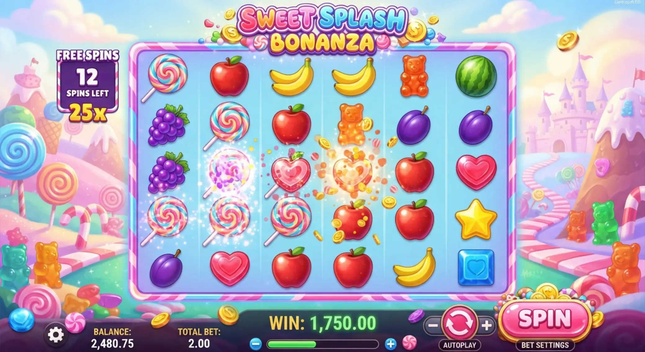 Kolorowy ekran slotu Sweet Bonanza z owocami i cukierkami